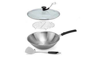 興財(cái)無(wú)涂層32cm三層鋼炒鍋4件裝 現(xiàn)代廚房的得力助手